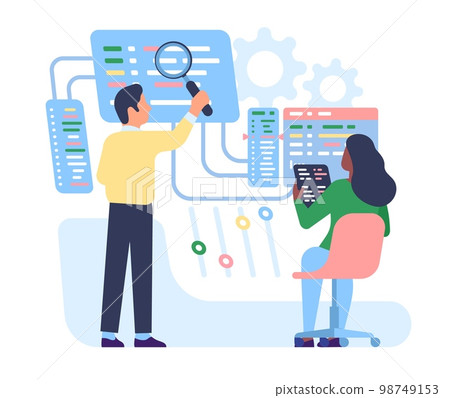Male and female software testers. People testing application or website code. Programmers searching bugs. PC system correction. Computer programming and network coding. Vector concept 98749153