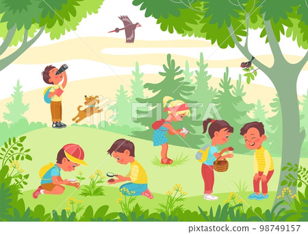 Kids study nature. Inquisitive researchers. Naturalists observe plants. Schoolkids find insects and fungi. Forest glade with children. Scout boys and girls. Splendid vector concept Kids study nature. Inquisitive researchers. Naturalists observe plants. Schoolkids find insects and fungi. Forest glade with children. Scout boys and girls. Splendid vector concept 98749157