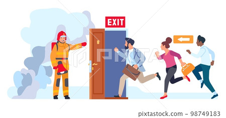 Firefighter with megaphone announces fire alarm. Fireman supervises evacuation of people from building. Men and women leaving house through emergency door. Running persons. Vector concept Firefighter with megaphone announces fire alarm. Fireman supervises evacuation of people from building. Men and women leaving house through emergency door. Running persons. Vector concept 98749183