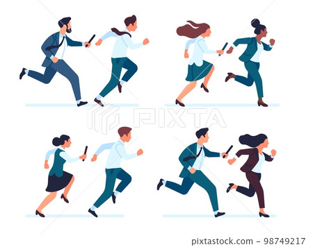 Businessman passes baton to his colleague in relay race. Business group competition. Employees partnership. Running men and women with sticks. Sprinting people. Vector office workers set 98749217