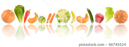 Fresh cut fruits and vegetables with light reflection isolated on white 98749324