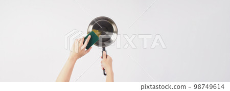 Pot cleaning Man hand on white background cleaning the non stick pot with handy dish washing sponge which yellow color on the soft side and green on hard side for hygiene after cook. Electric pot Pot cleaning Man hand on white background cleaning the non stick pot with handy dish washing sponge which yellow color on the soft side and green on hard side for hygiene after cook. Electric pot 98749614