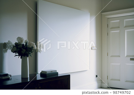 Empty poster for presentation on the gray wall, Livingroom design with home decoration.. Created with Generative AI technology. Empty poster for presentation on the gray wall, Livingroom design with home decoration.. Created with Generative AI technology. 98749702