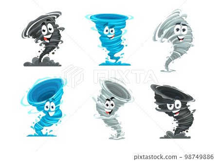 Cartoon tornado mascot. Storm, cyclone characters, cheerful tornado twister vector. Blue water, black wind cloud and grey dust whirlwind, hurricane and thunderstorm weather forecast personages 98749886