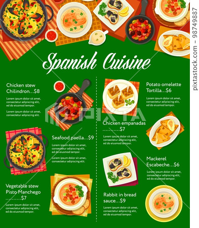 Spanish cuisine menu, food of Spain, vector dishes and lunch or dinner and traditional meals. Spanish restaurant and bar menu of traditional paella, tortilla and chicken empanadas with mackerel fish 98749887
