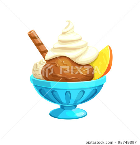 Cartoon ice cream in bowl with waffle stick and citrus fruit slice. Isolated vector sweet cream and chocolate dessert, icecream in cup, dairy product, cold delicious food portion 98749897