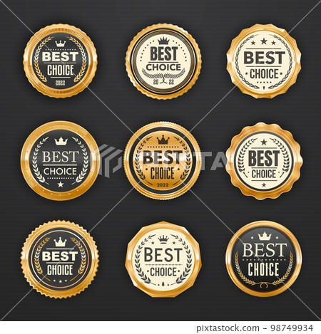 Best choice golden badges and labels, premium quality gold award emblems, vector. Best choice golden certificate medals and ribbons with laurel wreath, stars and crown, best choice product seals 98749934