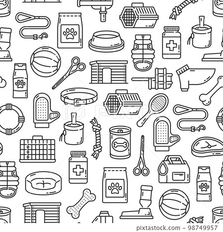 Dog and puppy pet care seamless pattern. Dog food, veterinary medicines, grooming tools and toys outline symbols or line pictograms on fabric vector seamless background, textile or wallpaper 98749957