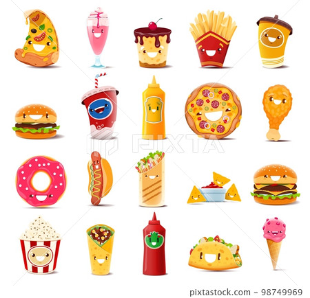 Cartoon fast food characters. Vector pizza and ice cream, french fries and coffee cup, burger, cola, mustard, chicken drumstick or donut. Hot dog and roll, nachos and shawarma, tacos and ketchup Cartoon fast food characters. Vector pizza and ice cream, french fries and coffee cup, burger, cola, mustard, chicken drumstick or donut. Hot dog and roll, nachos and shawarma, tacos and ketchup 98749969