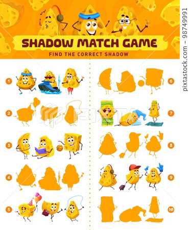 Shadow match game worksheet with cartoon cheese characters, vector kids quiz. Find correct shadow or silhouette riddle with funny cheese characters on summer holidays, sport or travel vacations 98749991