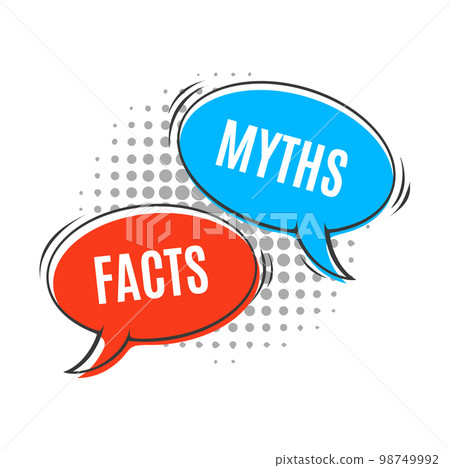 Myths vs facts icon, truth and false, fake versus true, fiction opposite reality vector speech bubbles on pop art halftone background. True or false game, fact checking and myth busting quiz badge 98749992