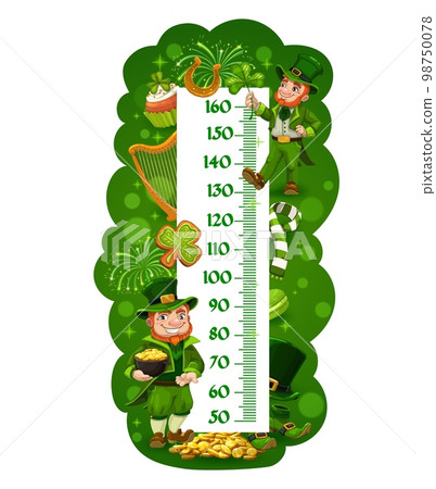 Kids height chart with cartoon leprechauns. Vector growth measure meter or wall ruler sticker with centimeter scale, St Patrick leprechauns, pot of gold, lucky shamrock leaf and golden horseshoe 98750078