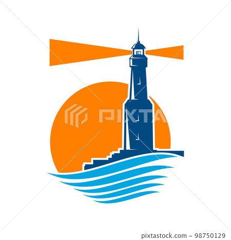 Lighthouse tower in sea round icon. Company emblem, nautical navigation and sailing safety vector symbol or graphic sign with lighthouse tower building on shore, light beam, sun disc and water waves 98750129