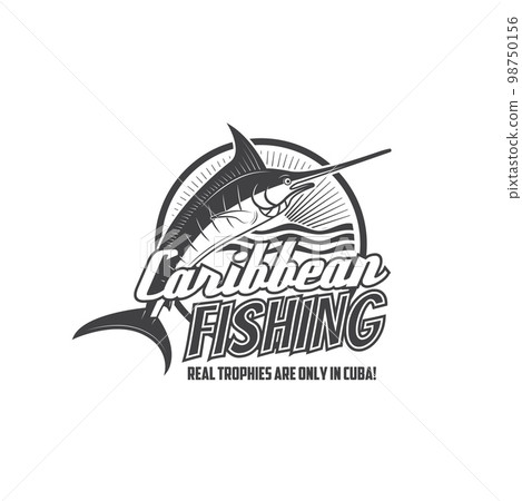 Caribbean fishing icon. Marlin fish, billfish or swordfish, sea water waves and sunset on fishing sport competition or diving club retro emblem, monochrome vector symbol or icon 98750156
