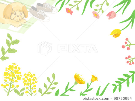 Green flower frame Scenery during picnic with dog Rape blossoms and spring flowers Cute hand drawn illustration Green flower frame Scenery during picnic with dog Rape blossoms and spring flowers Cute hand drawn illustration 98750994