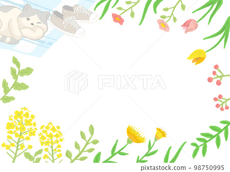 Green flower frame Scenery during a picnic with a cat Rape blossoms and spring flowers Cute hand drawn illustrations Green flower frame Scenery during a picnic with a cat Rape blossoms and spring flowers Cute hand drawn illustrations 98750995