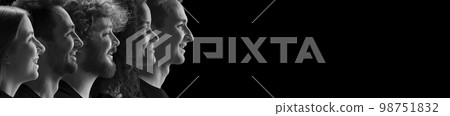 Black and white side view portraits of different people, men and women, smiling over dark background. Banner. Concept of human rights, freedom, diversity 98751832