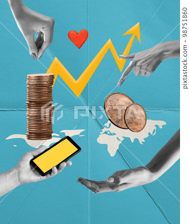 Contemporary art collage. Conceptual design. Online trading. Money exchange. Growing finances. International business 98751860