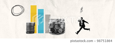 Contemporary art collage. Conceptual design. Ambitious businessman, employee running forward to financial success Contemporary art collage. Conceptual design. Ambitious businessman, employee running forward to financial success 98751864