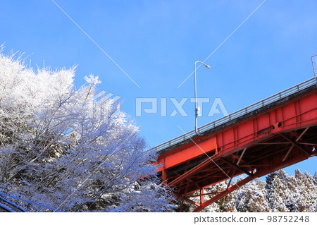 118國道紅色高架橋和白雪覆蓋的樹木 98752248