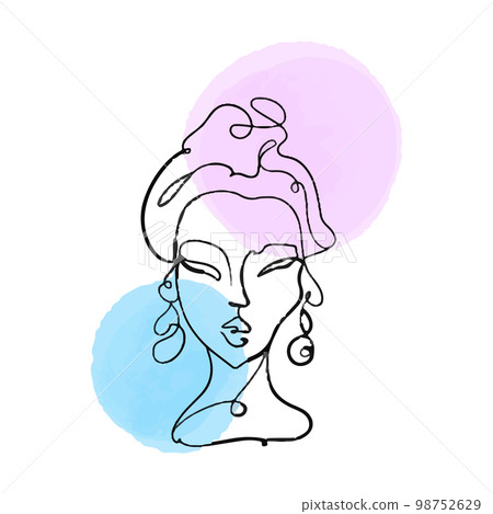 Simple, minimalist vector illustration of beautiful woman face. Line drawing With watercolor stains. 98752629