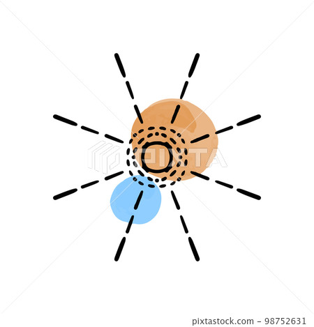 Vector illustration of abstract sun hand drawn in black line. Colored spots of watercolor paint. Logo for isoterics, celestial bodies, astrology. 98752631