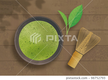 抹茶、茶拂和茶葉鳥瞰水彩畫 98752793