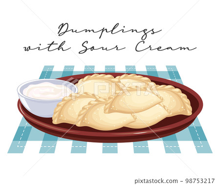 Vareniki with sour cream. Ukrainian national food. Illustration, vector 98753217