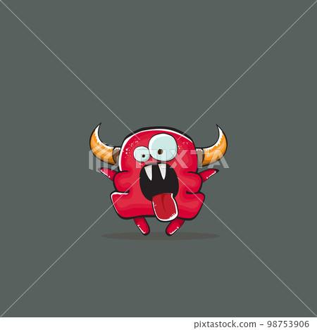 Vector cartoon funny red monster with horn isolated on grey background. Smiling silly red monster print sticker design template. Ghost, troll, gremlin, goblin, devil and monster 98753906