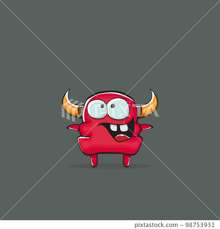 Vector cartoon funny red monster with horn isolated on grey background. Smiling silly red monster print sticker design template. Ghost, troll, gremlin, goblin, devil and monster Vector cartoon funny red monster with horn isolated on grey background. Smiling silly red monster print sticker design template. Ghost, troll, gremlin, goblin, devil and monster 98753931