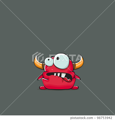 Vector cartoon funny red monster with horn isolated on grey background. Smiling silly red monster print sticker design template. Ghost, troll, gremlin, goblin, devil and monster 98753942