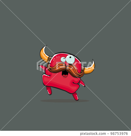 Vector cartoon funny red monster with horn isolated on grey background. Smiling silly red monster print sticker design template. Ghost, troll, gremlin, goblin, devil and monster Vector cartoon funny red monster with horn isolated on grey background. Smiling silly red monster print sticker design template. Ghost, troll, gremlin, goblin, devil and monster 98753976