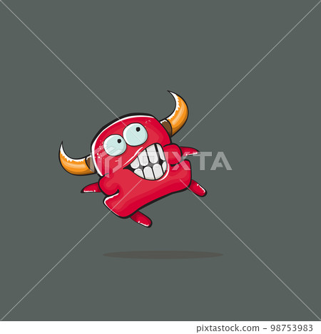 Vector cartoon funny red monster with horn isolated on grey background. Smiling silly red monster print sticker design template. Ghost, troll, gremlin, goblin, devil and monster Vector cartoon funny red monster with horn isolated on grey background. Smiling silly red monster print sticker design template. Ghost, troll, gremlin, goblin, devil and monster 98753983