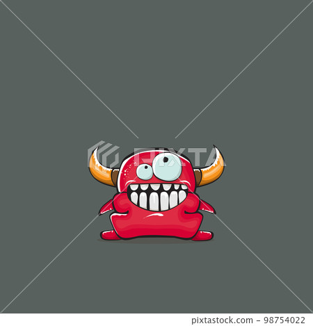 Vector cartoon funny red monster with horn isolated on grey background. Smiling silly red monster print sticker design template. Ghost, troll, gremlin, goblin, devil and monster Vector cartoon funny red monster with horn isolated on grey background. Smiling silly red monster print sticker design template. Ghost, troll, gremlin, goblin, devil and monster 98754022
