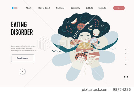 Mental disorders web template. Eating disorder - modern flat vector illustration of a woman stuffing herself meeting with a stress experience. People emotional, psychological, mental traumas concept 98754226