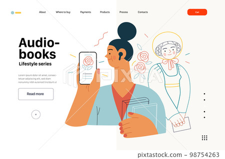 Lifestyle web template -Audiobooks -modern flat vector illustration of a woman listening an audiobook with buds in the tablet application, Victorian Era literary character. People activities concept Lifestyle web template -Audiobooks -modern flat vector illustration of a woman listening an audiobook with buds in the tablet application, Victorian Era literary character. People activities concept 98754263
