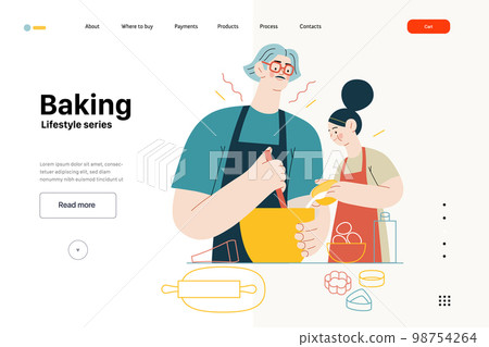 Lifestyle web template -Baking -modern flat vector illustration of a man and a girl wearing aprons making dough baking cookies. The girl is pouring some milk into mixture. People activities concept 98754264