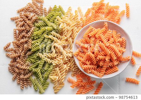 A variety of fusilli pasta from different types of legumes. Gluten-free pasta. 98754613
