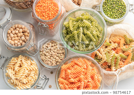 A variety of fusilli pasta from different types of legumes. Gluten-free pasta. 98754617