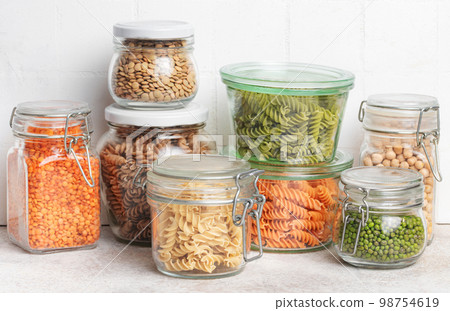 A variety of fusilli pasta from different types of legumes. Gluten-free pasta. 98754619