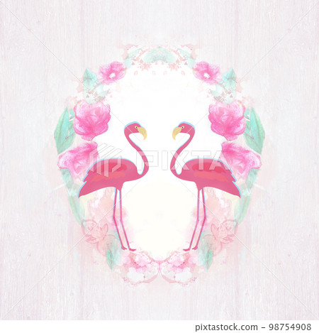 Abstract decorative pink card with flamingos - floral frame 98754908
