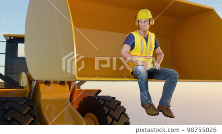 construction worker man sitting in an excavator hard hat yellow bib backhoe heavy equipment 3D illustration 98755026