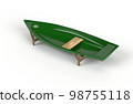 A green plastic fishing boat with a bench that stands on supports on a white background. 98755118
