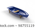 A blue plastic fishing boat with a bench that stands on supports on a white background. 98755119