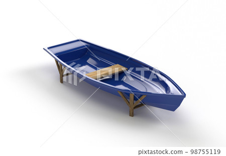 A blue plastic fishing boat with a bench that stands on supports on a white background. 98755119