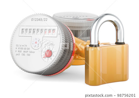 Cold and hot water meters with padlock, 3D rendering Cold and hot water meters with padlock, 3D rendering 98756201