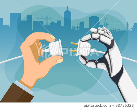 Human and a robotic hands hold a socket and plug 98756328