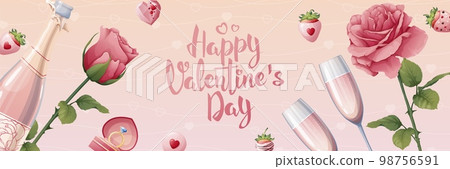 Horizontal banner for valentine's day. Romantic holiday, advertising, holiday greetings. Banner, poster, flyer with roses, champagne, strawberries and glasses. Horizontal banner for valentine's day. Romantic holiday, advertising, holiday greetings. Banner, poster, flyer with roses, champagne, strawberries and glasses. 98756591