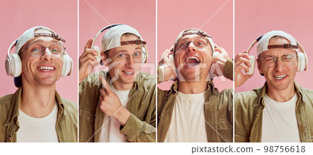 Collage. Young positive man in glasses, smiling, listening to music in headphones, posing over pink studio background. Concept of emotions 98756618