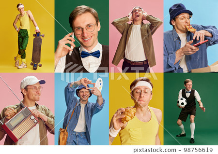 Collage. Young emotive man in different clothes, showing various emotions over multicolored background Collage. Young emotive man in different clothes, showing various emotions over multicolored background 98756619